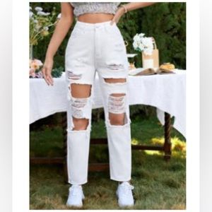 SHEIN Size 6 White Denim Jeans High Waist Distressed Straight Leg Ripped Frayed